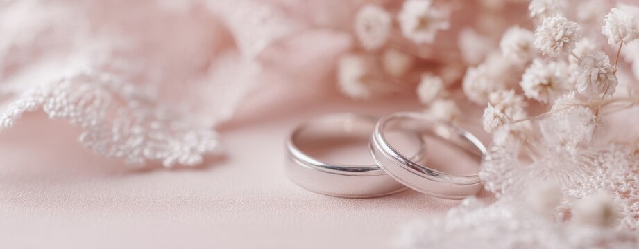 The Wedding Rings Resting on Pink Lace with Delicate Baby Breath Flowers