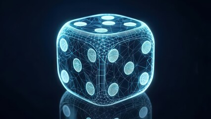Sleek digital wireframe dice symbolizing chance, strategy, and modern gaming possibilities in a dark, futuristic setting