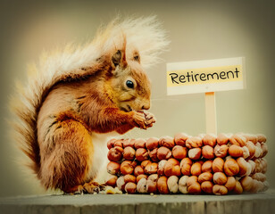A squirrel sits beside a pile of nuts, with a Retirement sign in the background, humorously depicting saving for the future. Banking, social security, and investment design element.