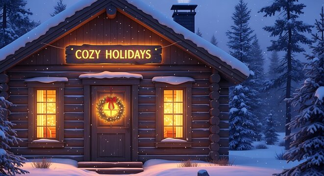 Charming log cabin nestled in a snowy winter landscape with glowing windows and a wreath on the door, conveying a sense of cozy holidays
