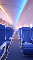 Fototapeta premium Interior of a modern airplane cabin showcasing blue seating and ambient lighting, creating a serene atmosphere