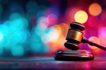 Wooden gavel resting on a dark surface, vibrant bokeh background