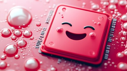 Playful Red Chip with Smiling Face Surrounded by Bubbles
