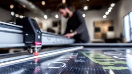 Vinyl cutting machine in focus slicing store logo decals with operator adjusting settings surrounding workspace softly out of focus