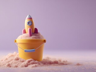 Colorful Rocket Toy in Bucket of Sand on Purple Background