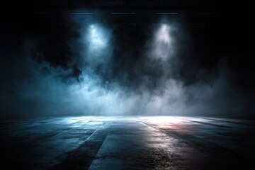 Fototapeta premium Empty industrial space, lit by two spotlights, with smoky haze