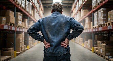 Rear view of stressed worker in warehouse suffering from back pain after hard manual work