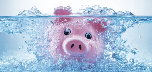 The Piggy Bank Swimming in Clear Water with Bubbles and Splashes