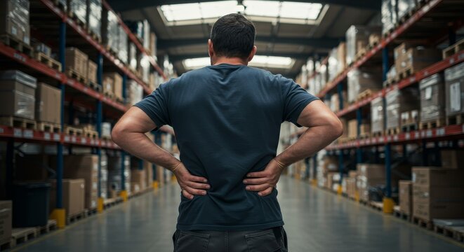 Back pain affecting warehouse worker after heavy lifting in factory space - Powered by Adobe