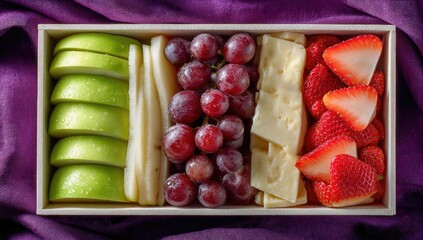 Wooden box filled with sliced fruit and cheese. Freshly cut apple, pears, grapes, and cheese, along with sliced strawberries, arranged neatly in vertical