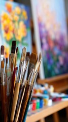 Fototapeta premium A vibrant artist's studio featuring paintbrushes in the foreground and colorful canvases in the background