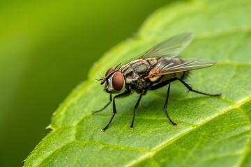 Closeup of a Fly on a Green Leaf
