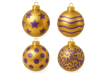 Golden and purple christmas baubles set with stars, stripes, dots, and flourishes, transparent background