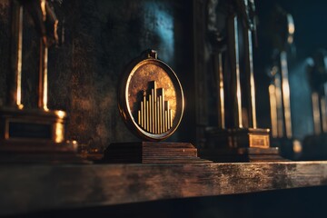 Golden Medal with Graph Design on a Dark Shelving Unit