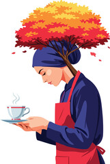 Woman Serving Coffee Under Autumn Tree Vector Illustration