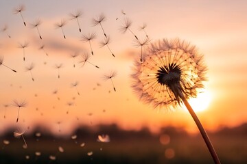 Naklejka premium Dandelion Seeds Dispersing at Sunset