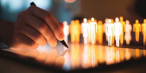 The artist's hand creating a digital representation of collaborative human figures.