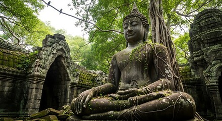 Ancient Buddha Statue Amidst Jungle Ruins in Southeast Asia.