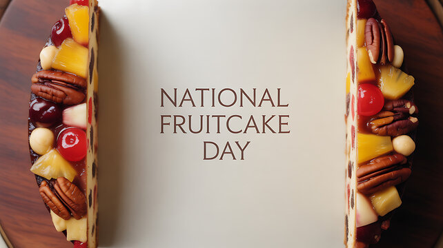 National Fruitcake Day celebration with a sliced fruitcake featuring dried fruits and nuts on a wooden plate