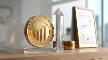 Golden Coin with Financial Symbols on a Modern Desk Decor