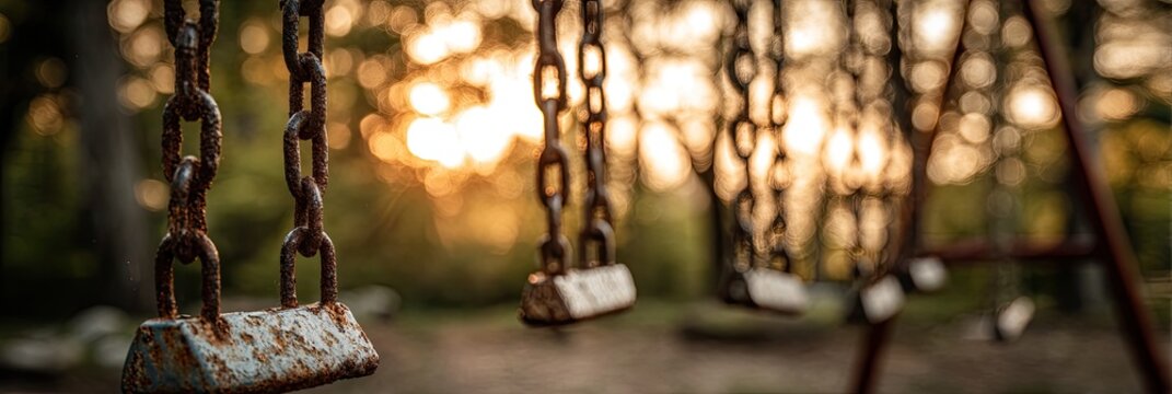 Rusty swings at sunset