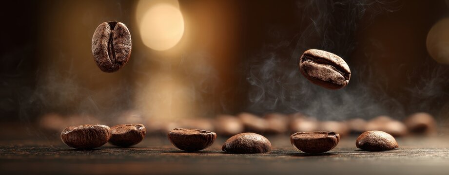 The coffee beans suspended above a rustic table with steaming bokeh lights