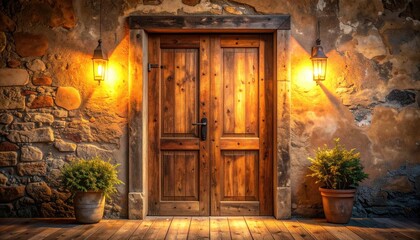 Rustic Wooden Double Door with Stone Wall in Golden Hour Light Cinematic HDR Cultural Photography with Ultra Sharp Patina