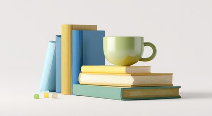 Colorful books and cup on white background