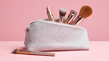 Elegant cosmetic bag opened on a pink background, showcasing beauty products inside.
