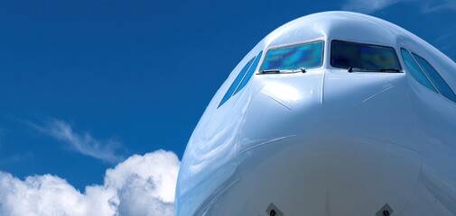 The airplane nose against a stunning blue sky with fluffy clouds
