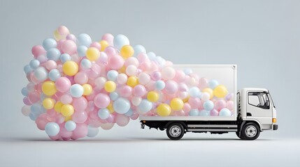 Colorful Balloons Flowing from White Delivery Truck on Light Background