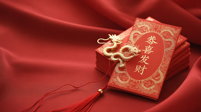 Red Chinese lucky envelopes with golden dragon ornament on silk background