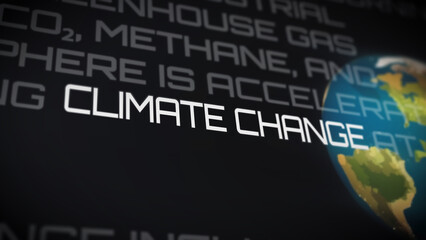 Close-up of 'Climate Change' headline on a dark futuristic interface, emphasizing global warming issues, great for environmental awareness campaigns or scientific presentations.