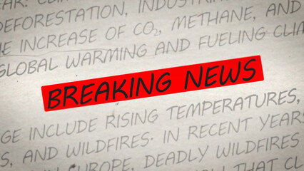 Bold handwritten style 'Breaking News' text on paper-like background with climate-related words visible, suited for urgent environmental or headline-themed content.