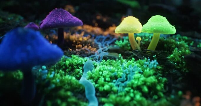 Close-up shots of glowing mosses and fungi pulsating with soft, ethereal light, creating a mystical and serene natural environment. no data