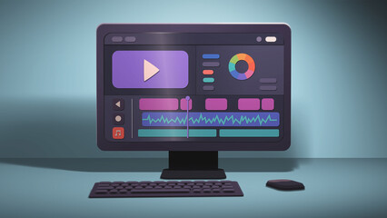 Stylized animation of a full computer setup with monitor displaying video editing software, keyboard and mouse, representing modern creative workspace for multimedia production.