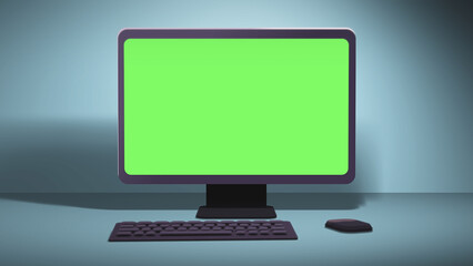 Computer monitor with a bright green screen in a modern workspace setup, ideal for chroma key compositing and visual effects in professional video editing and post-production.