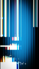 Vertical digital composition of fractured glass effects with luminous neon stripes and deep blue hues, evoking a modern glitch aesthetic suited for futuristic interfaces, immersive displays, and sleek