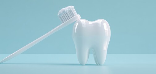 The toothbrush resting beside a glossy white tooth model.