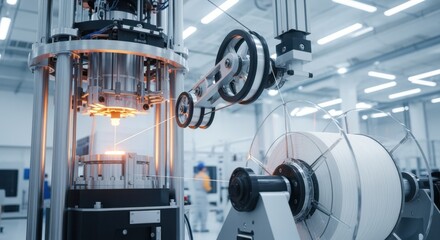 Fototapeta premium Detailed mechanical setup of a fiberoptic cable drawing tower including furnace puller mechanism and fiber spooling systems in a modern plant.