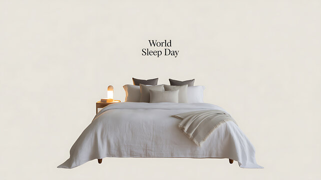 A neatly made bed with soft linens and pillows, illuminated by a bedside lamp, promoting World Sleep Day.