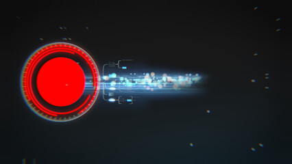 Futuristic red digital button emitting streams of glowing blue data particles on dark background, perfect for illustrating cyber technology, data transfer, system activation and high-tech network conc