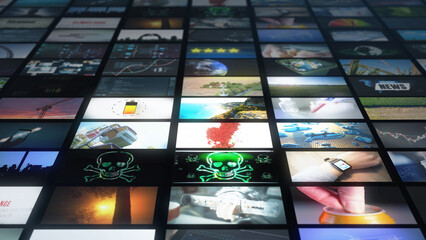 Dynamic wall of multiple digital screens displaying diverse content including nature, technology, and data visuals, creating a futuristic multimedia backdrop ideal for presentations, tech concepts, an