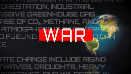 Dynamic WAR headline overlaying scrolling world news text with bold red highlight, symbolizing international conflict and urgent breaking news, ideal for dramatic global event presentations.