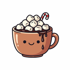 Cartoon Hot Chocolate Mug Overflowing with Marshmallows and a Candy Cane.