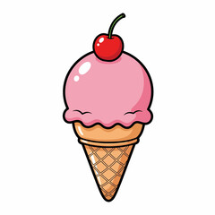 Cartoon Ice Cream Cone with Pink Scoop and Shiny Red Cherry Topping.