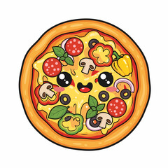 Cartoon Pizza with Googly Eyes Pepperoni Olives Mushrooms and Colorful Bell Peppers.