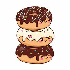 Stacked Kawaii Donuts with Chocolate Glaze Sprinkles and Creamy Vanilla Frosting.