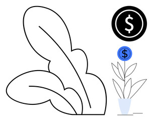 Leaves and potted plant combined with dollar coin and growth indicator. Ideal for finance, sustainability, investment, wealth growth, eco-business, economics, environmental impact, simple flat
