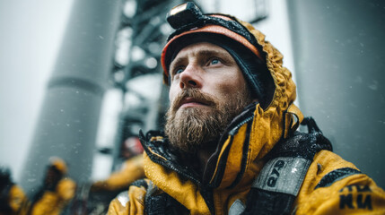 Focused offshore worker in yellow rain jacket, wearing headlamp, gazes into distance amidst rainy environment